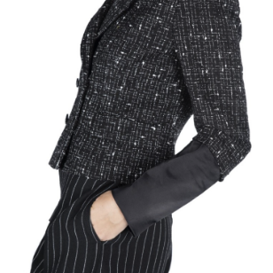 Veste croisée en tweed noir et blanc irisé et satin noir